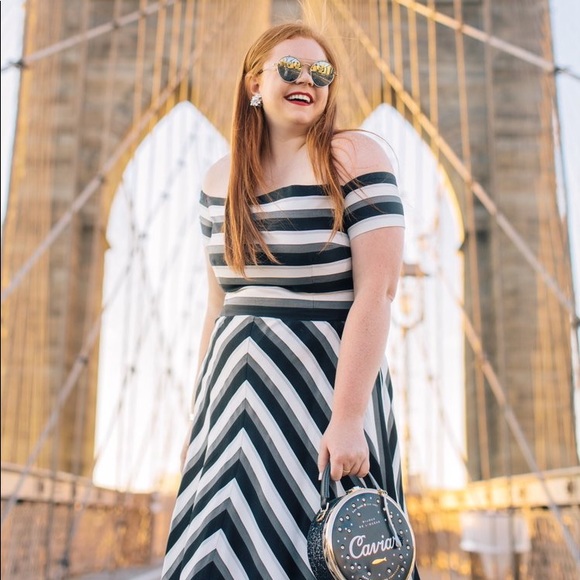 lela rose off the shoulder black and white stripe midi dress - Picture 4 of 13